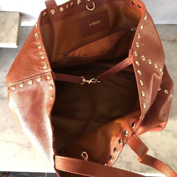 LAGGO Remy British Tan Leather Gold Studded Tassel Tote Bag NWOT - Picture 10 of 17